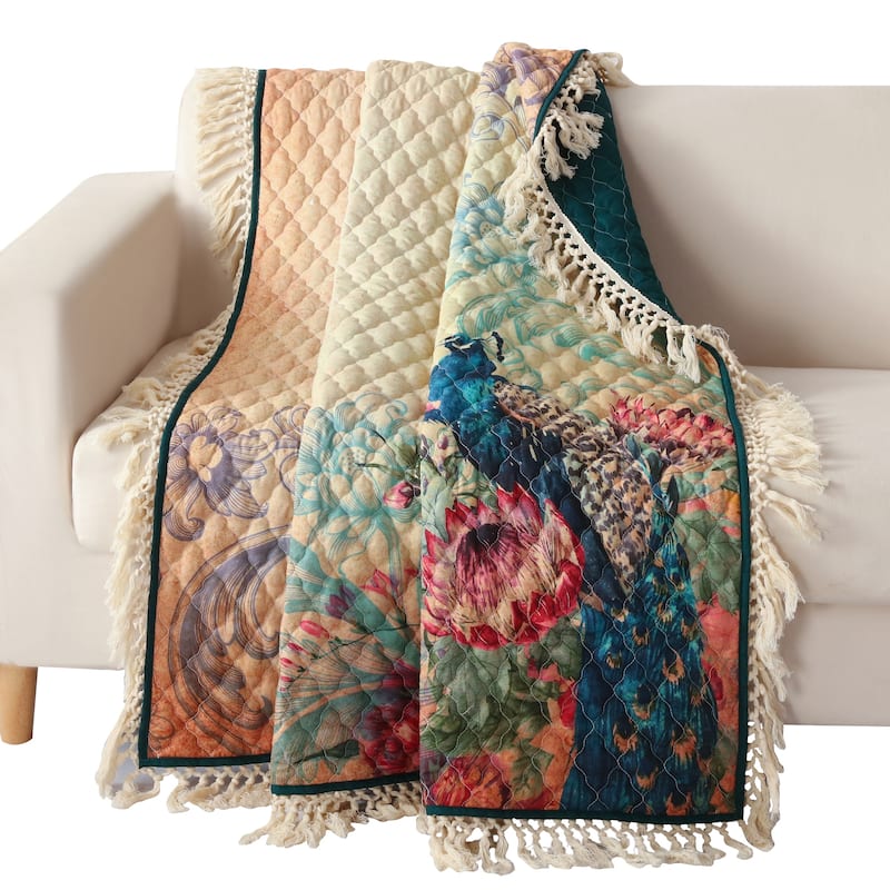 Ufa 60 Inch Quilted Throw Blanket, Blue Microfiber, Peacock, Floral Design