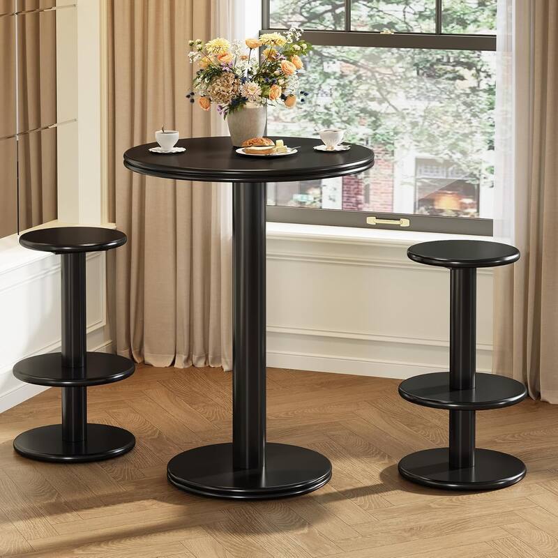 39.4" H Round Bar Table and Chairs Set, Modern Pub Table with 2 Barstools - 29.5" L × 29.5" W × 39.4" H