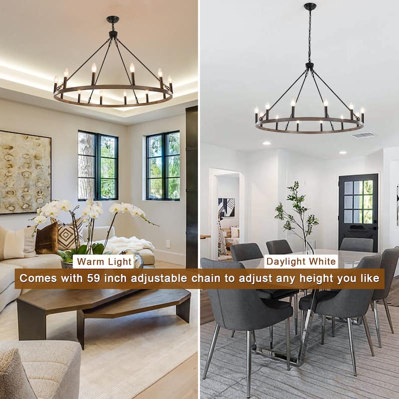 12-Light 37.99 in. Rustic Wagon Wheel Chandelier for Bedroom Kitchen
