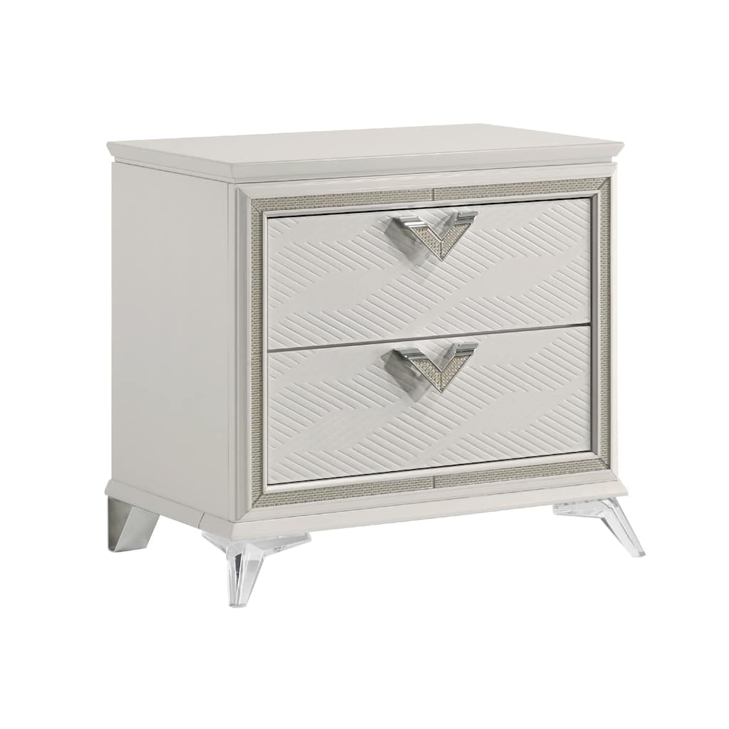 Dery Nightstand, 2 Drawers Chrome Triangle Handles, Gold White Wood