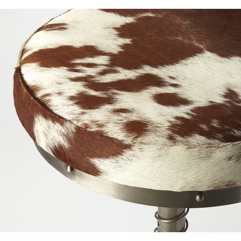 Brown White Leather Round Bar Stool with Silver Iron Frame and Footrest - 16” L x 16” W x 22” H
