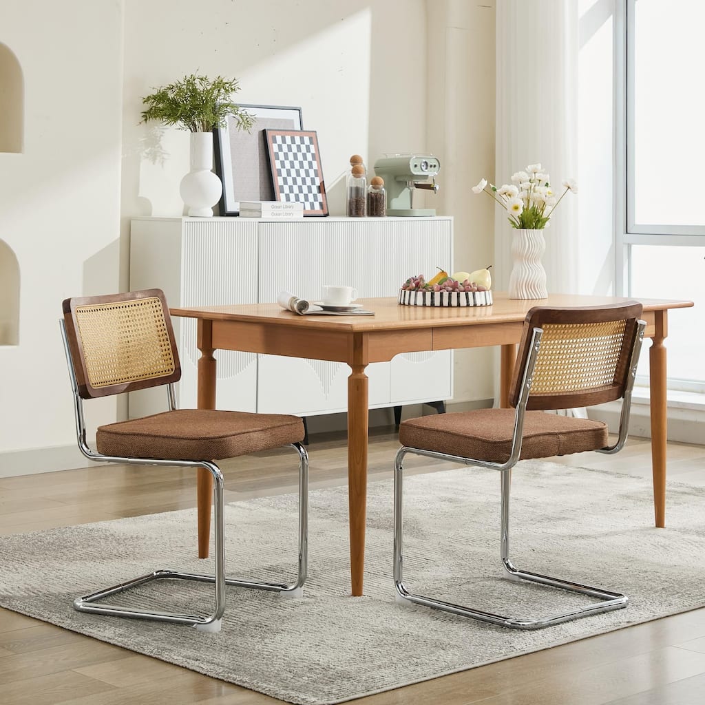 GDF Studio - Mid-Century Linen Dining Chairs with Natural Rattan Cane Back & Chrome Cantilever Base, Set of 2