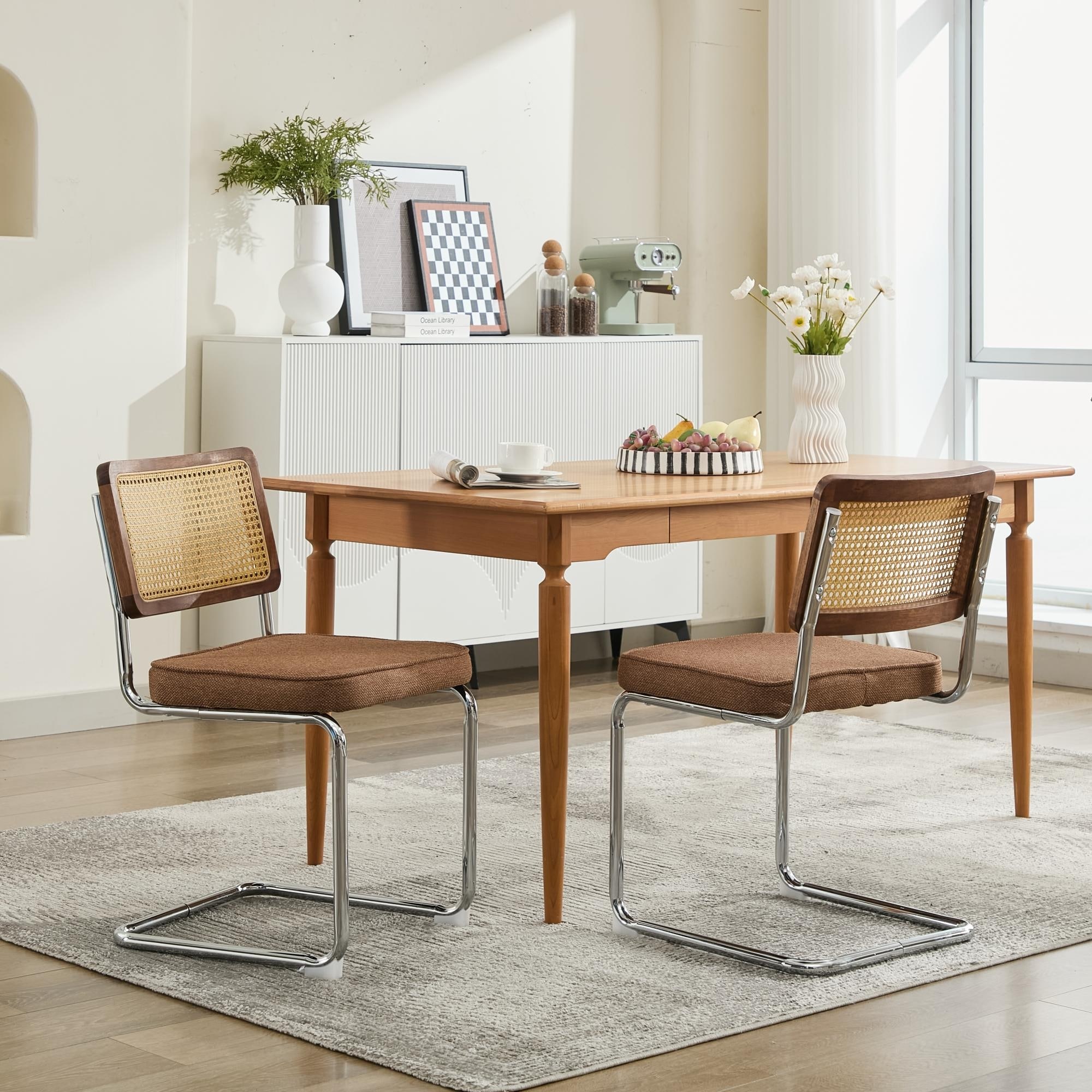 GDFStudio - Mid-Century Dining Chairs with Natural Rattan Cane Back & Chrome Cantilever Base, Set of 2