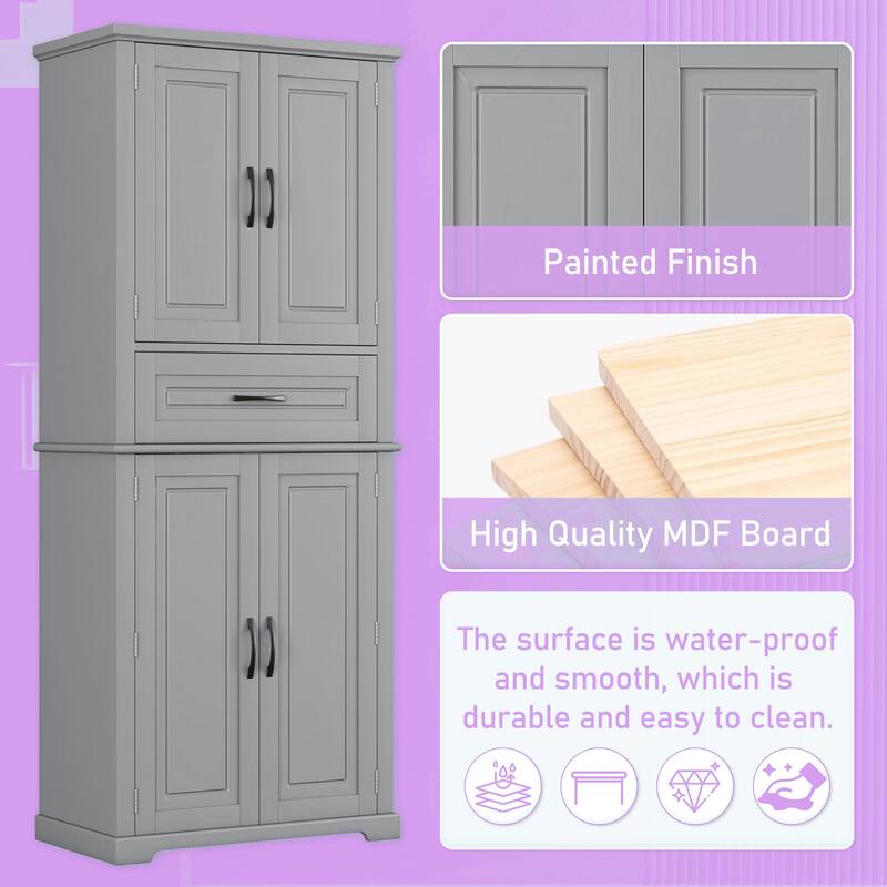 Freestanding Kitchen Pantry Storage Cabinet with Doors and Adjustable Shelf, Tall Storage Cupboard with Large Drawer