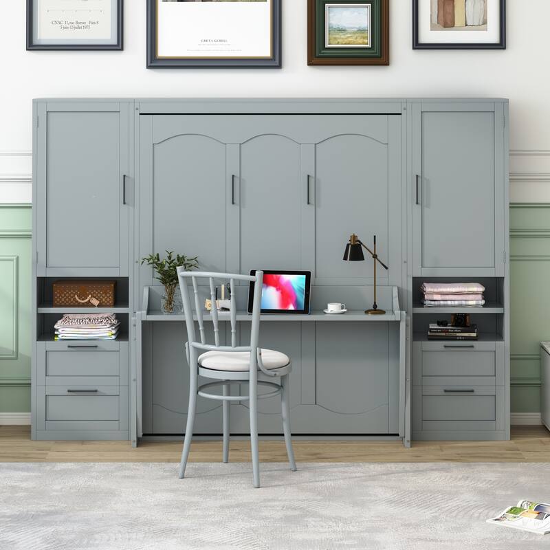 Queen Size Murphy Bed Hidden Wall Bed with Both Sides Closet Drawers and Storage Shelves, Space-Saving Versatile Murphy Bed - Grey - Queen