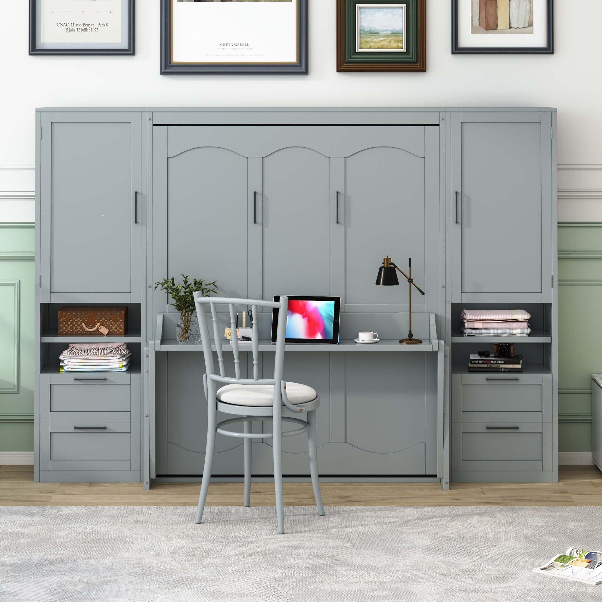 Queen Size Murphy Bed Hidden Wall Bed with Both Sides Closet Drawers and Storage Shelves, Space-Saving Versatile Murphy Bed
