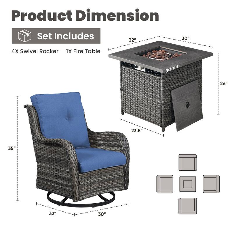 Gymojoy 5-Piece Outdoor Wicker Patio Furniture with Fire Pit Table, Rattan Coversation Set with Water Resistant Thick Cushions