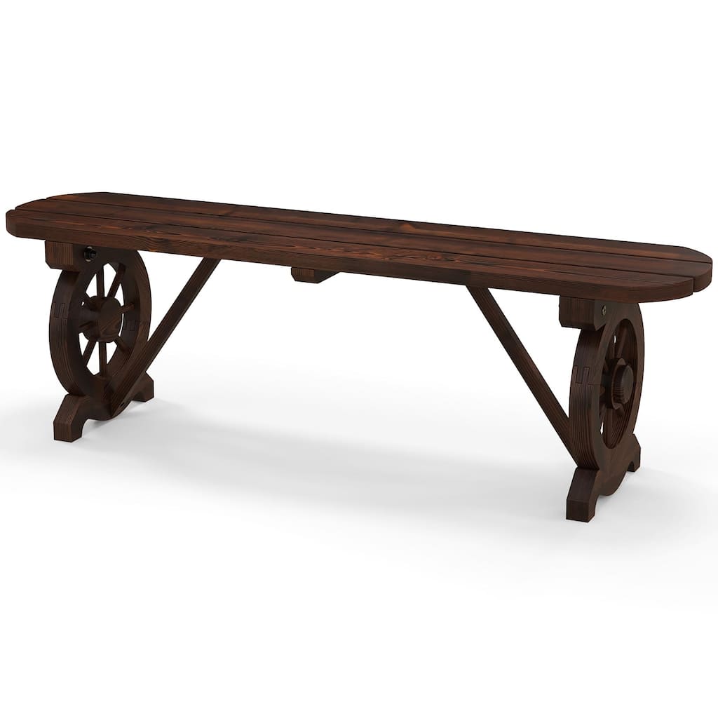 Gymax Rustic Wood Bench w/ Wagon Wheel Base Slatted Seat Design 710