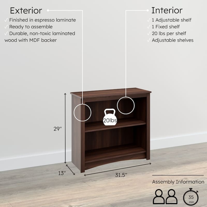 2-shelf Bookcase - 31.5" W x 29" H x 13" D