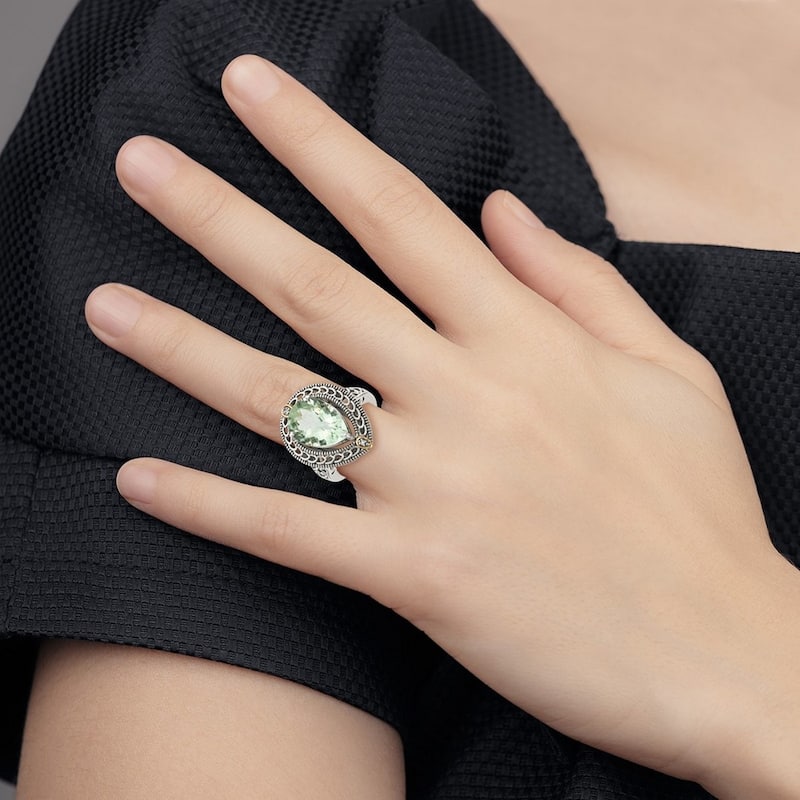 Curata 925 Sterling Silver Polished Prong set Open back With 14k Diamond and Green Quartz Ring