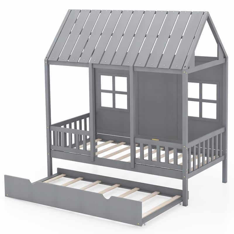 Gymax Twin Size House Bed with Trundle Fence Decor Wooden Windows Tall