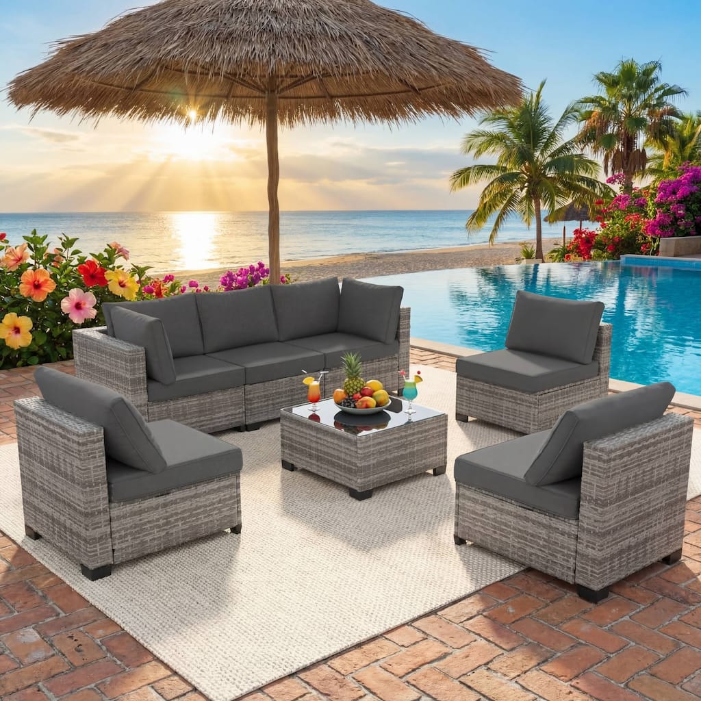 7-Piece Wicker Patio Conversation Set For Balcony Pool Garden
