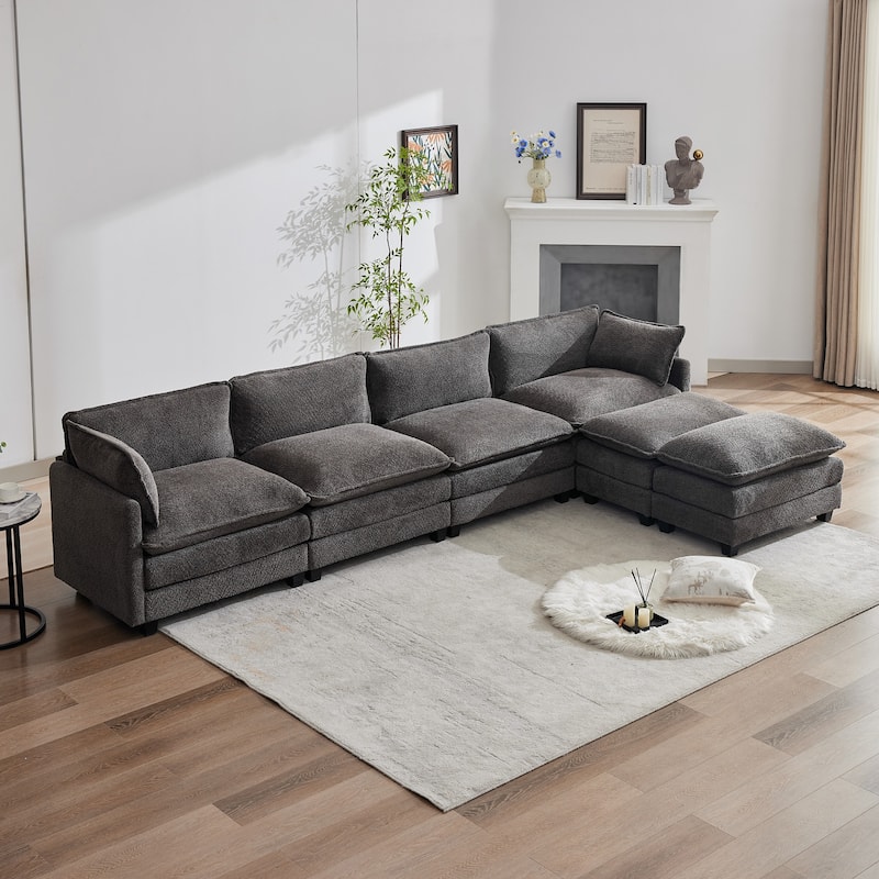 CLICKBIN Chenille Fabric Stragiht Arm L-Shaped Modular Sectional Sofa Couch with Ottoman for Living Room