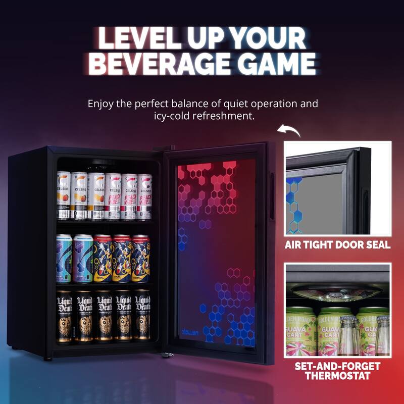 Newair Prismatic Series 85 Can Beverage Refrigerator with RGB HexaColor LED Lights, Mini Fridge for Gaming with Remote Control