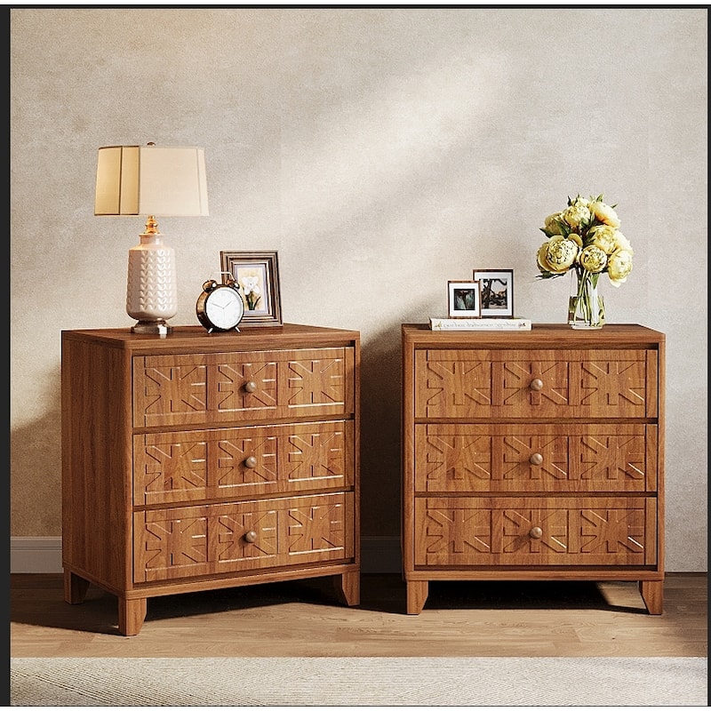 3-Drawer Nightstand for Bedroom, Living Room, Rustic Brown - 2-Piece (Rustic Brown)