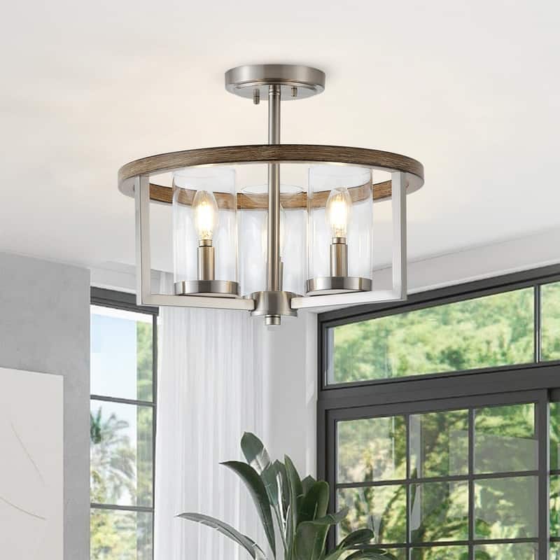 Farmhouse Semi Flush Mount Ceiling Light Rustic 3 Light Brushed Nickel Fixture with Clear Glass Shades