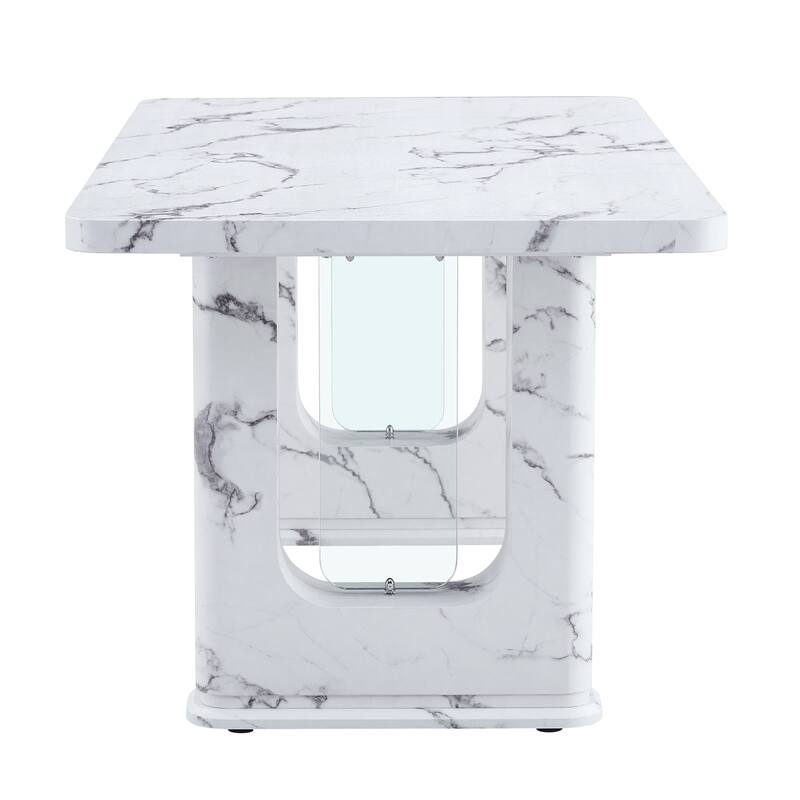 7-Piece Dining Table Set with Marble Pattern, PU Leather Grid Chairs with Silver Arched Metal Legs, Anti-Slip Feet