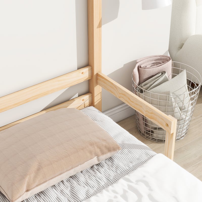 Twin HouseShaped Headboard Floor Bed with Handrails Bed Bath