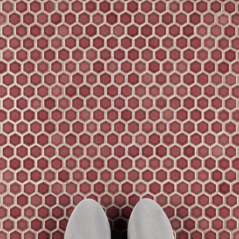 Merola Tile Tribeca 1" Hex Glossy Rusty Red 10-1/4" x 11-7/8" Porcelain Mosaic Floor and Wall Tile