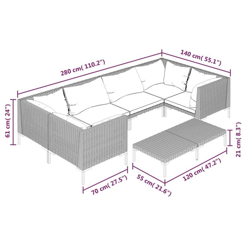 vidaXL Patio Lounge Set Outdoor Sectional Corner Sofa Poly Rattan Dark Grey - 27.6" x 27.6" x 24"