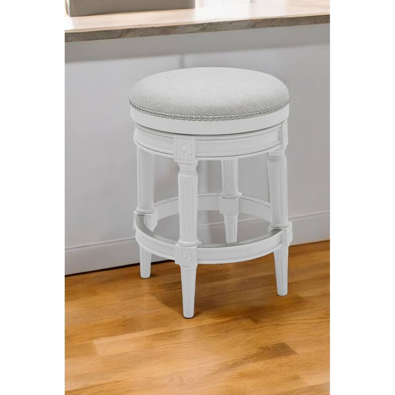 HomeRoots 26" White Solid Wood and Fabric Backless Counter Height Swivel Bar Chair
