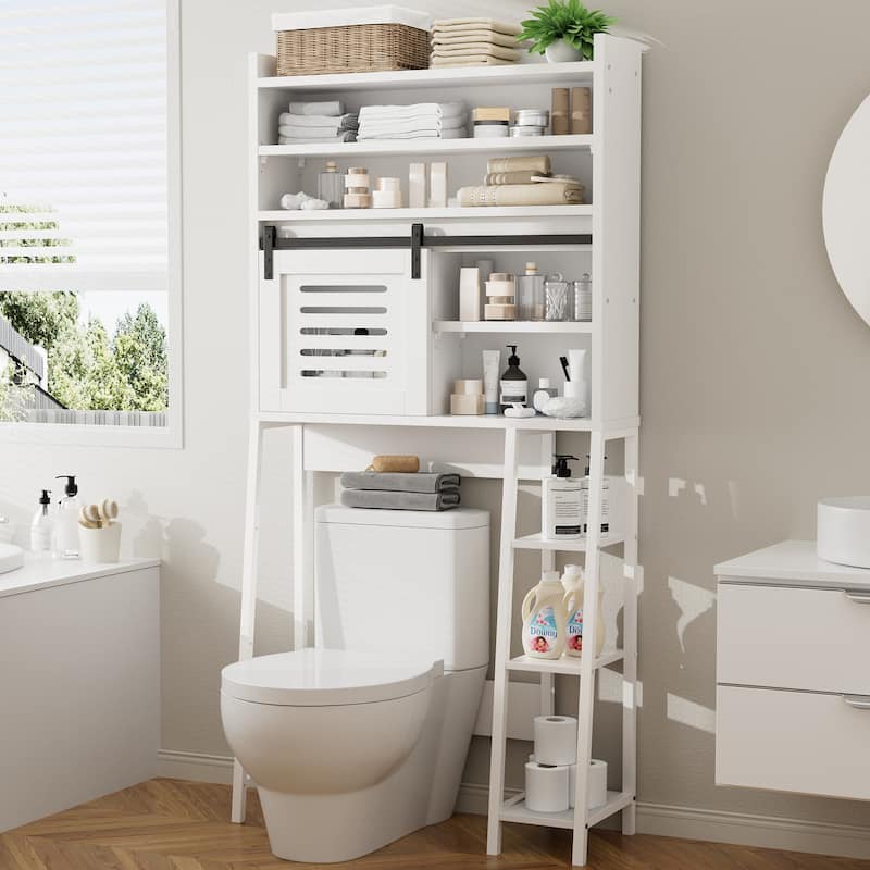 Over The Toilet Storage Cabinet – Farmhouse Storage Cabinet With Sliding Door - White/White