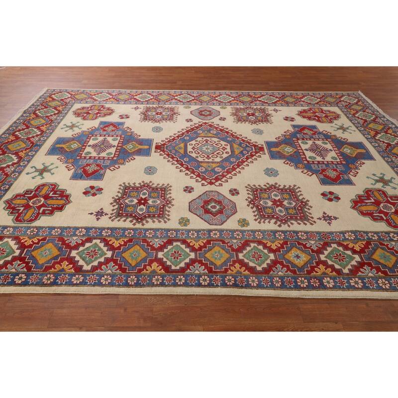 Ivory Geometric Kazak Area Rug Hand-Knotted Wool Carpet - 8'0" x 10'6"