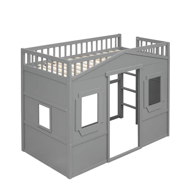 Gray Castle Style Twin Solid Pine Loft Bed with Ladder, Guard Rails