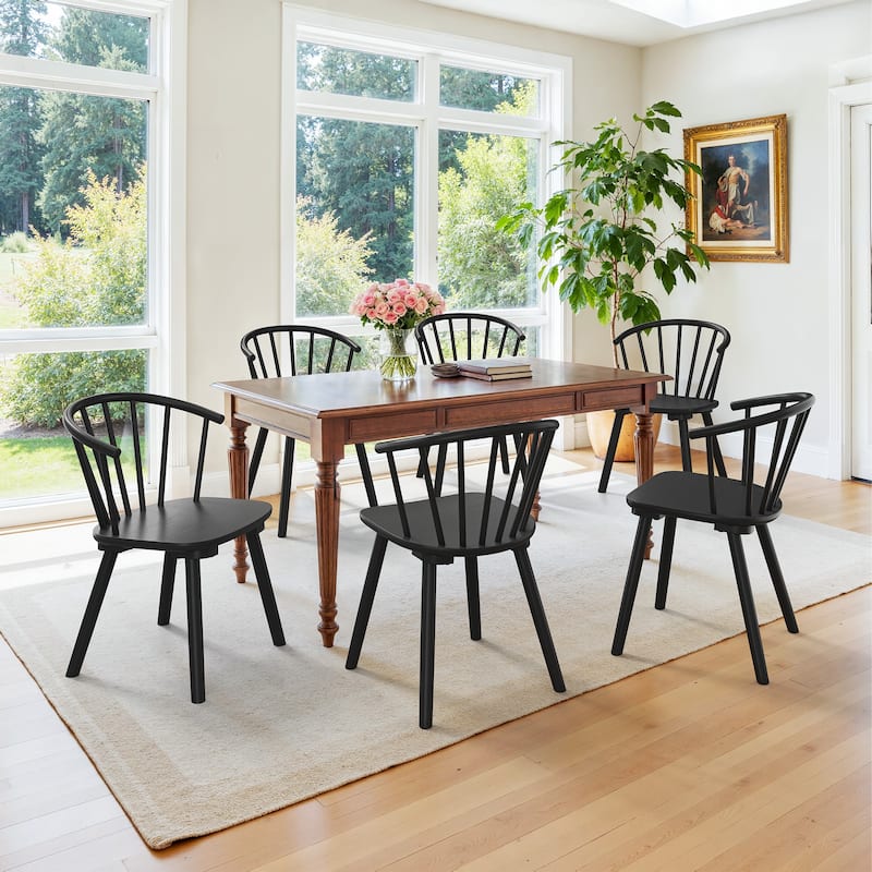 Wooden Dining Chairs with Spindle Backrest, Set of 2/4/6 Kitchen Chairs for Kitchen Island - Set of 6 - Black