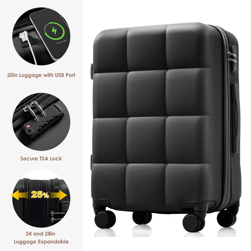 Hard Shell Luggage with Expandable Storage Cup Holders and USB Port, for Boarding Travel, 4 Piece Set