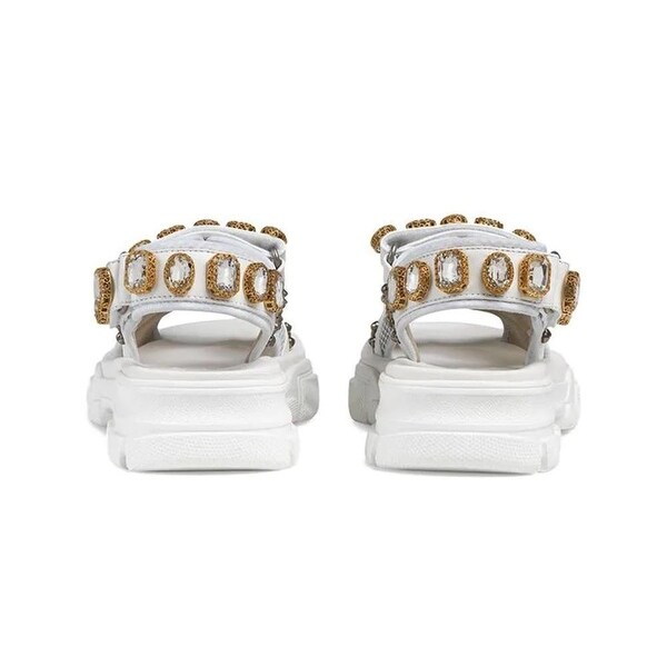 gucci leather and mesh sandal with crystals