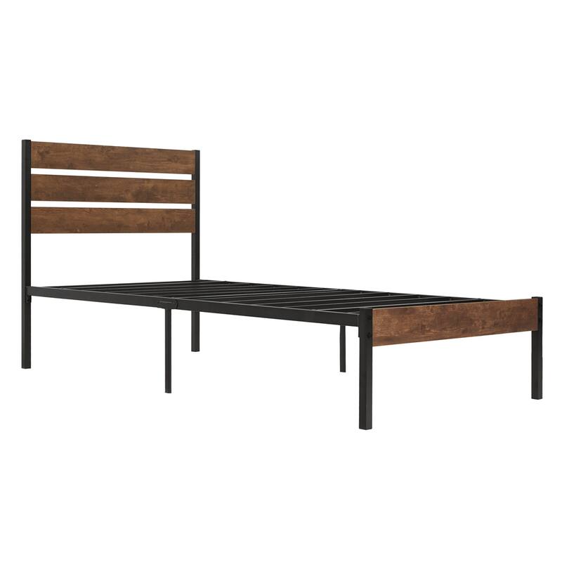 Wood Platform Bed Frame with Headboard and Metal Frame