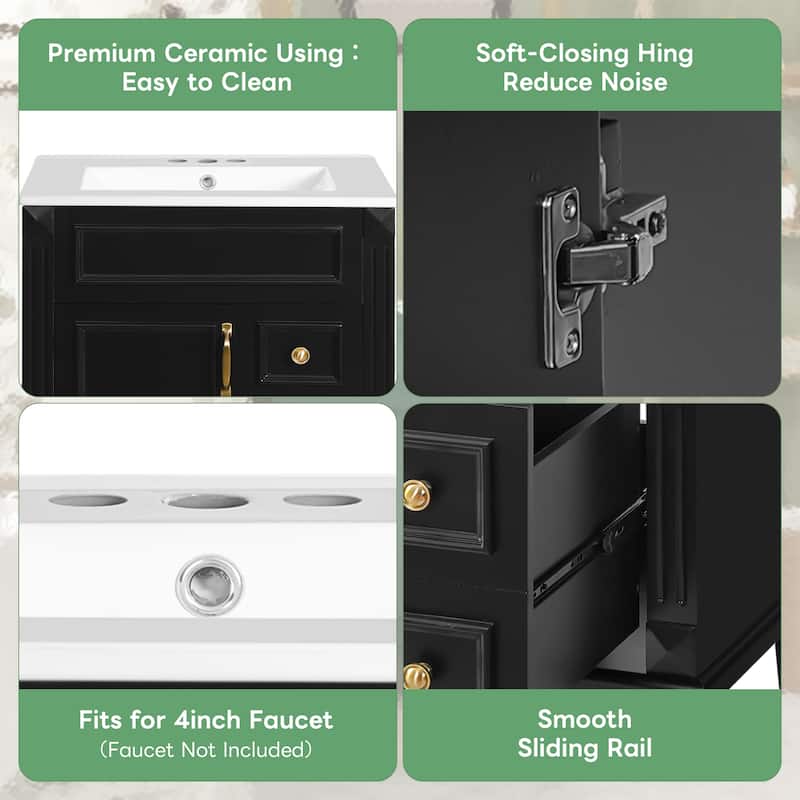 24" Bathroom Vanity With Ceramic Sink,Small Bathroom Sink Cabinet,Modern Cabinet With 2 Drawers And Adjustable Shelf