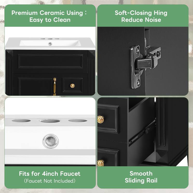 24" Bathroom Vanity with Ceramic Sink Bathroom Storage Cabinet with 2 Drawers and Adjustable Shelf