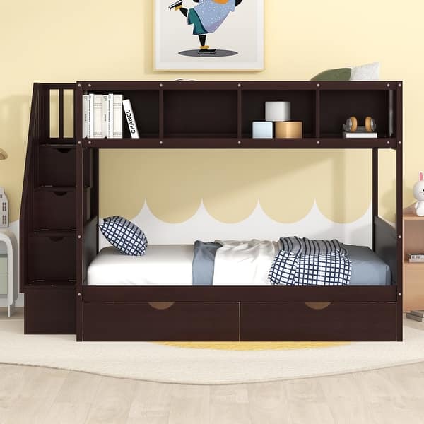 slide 2 of 14, Versatility Twin over Full Bunk Bed Wooden Storage Bed with Storage Staircase and 2 Drawers, Shelfs Espresso