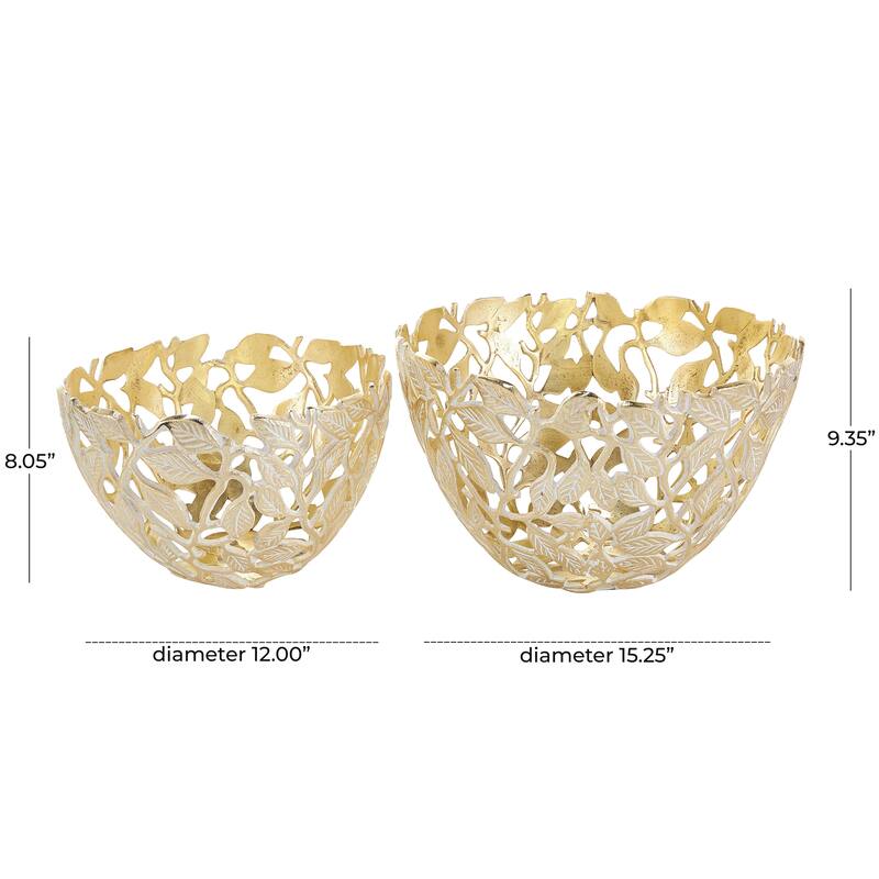 Gold Aluminum Metal Leaf Decorative Decorative Bowl with White Detailing (Set of 2)