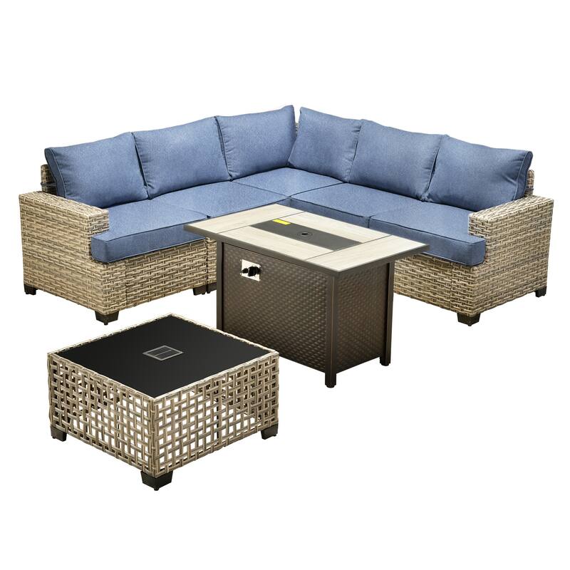 XIZZI 7 Pieces Patio Furniture Wicker Sectional Sofa Set with Fire Pit Table