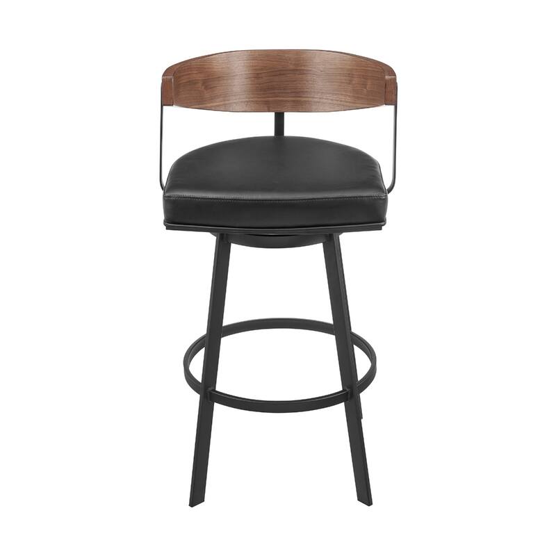 Black Faux Leather Bar Height Chair with Wood Arms, Footrest and Low Back - 20.5” x 20.5” x 38” (D x W x H)