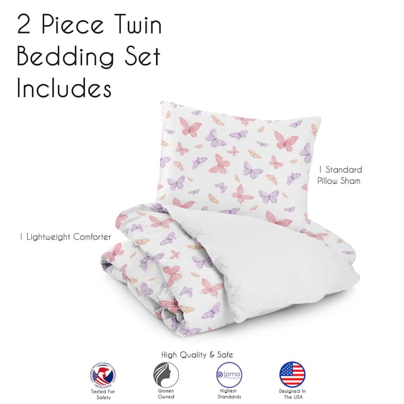 Sweet Jojo Designs Pink/Purple Shabby Chic Butterfly Girl 4pc Twin-size Comforter Set - Colorful Butterflies Pastel Watercolor