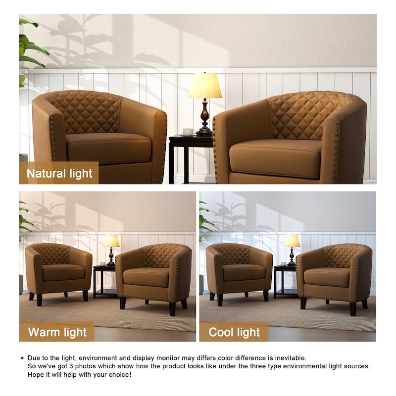 2 Set 29" W Vegan Leather Barrel Accent Chairs with Nailheads Trim