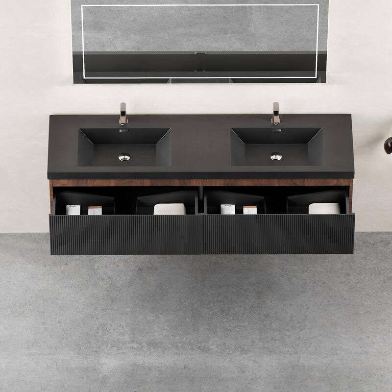 GDFStudio - Everett Contemporary Floating Bathroom Vanity with Dual Basin Design and Integrated Storage Cabinet