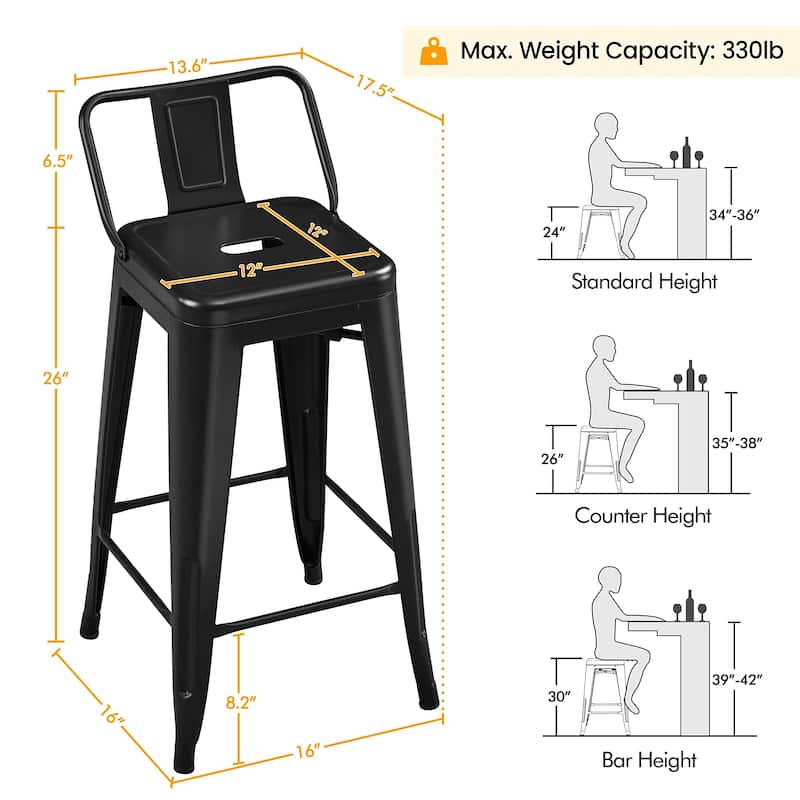 26" Metal Bar Stools Set of 4 Counter Height Barstools with Low Back Indoor Outdoor Kitchen Stools Modern Industrial Bar Chairs