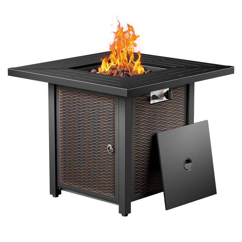 Meyreso 30 in. Square Brown Metal Propane Gas Outdoor Fire Pit Table with Lava Rocks, 50000 BTU