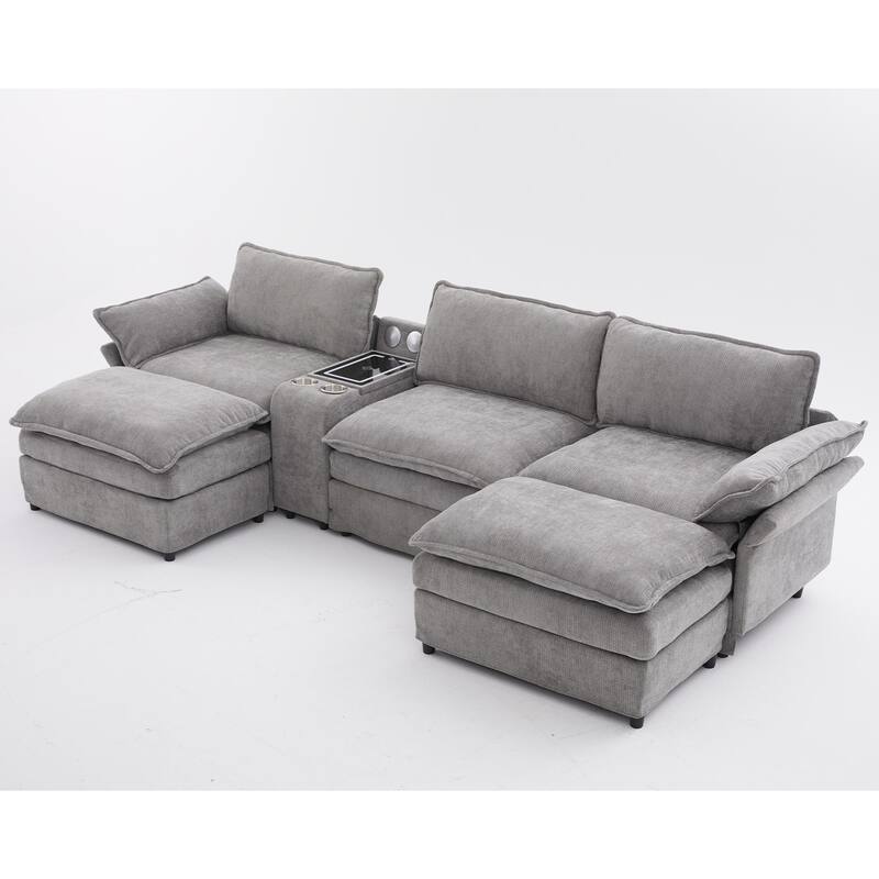 Modular Sectional Sofa, U Shaped Couch with 2 Ottomans, Storage Console & Wireless Charging, 2 Cup Holders, Bluetooth Speakers