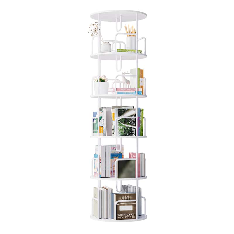 Rotating Bookshelf Tower 5 Tier, Spinning Bookcase, Vertical Turning Round storage Bookshelf - White