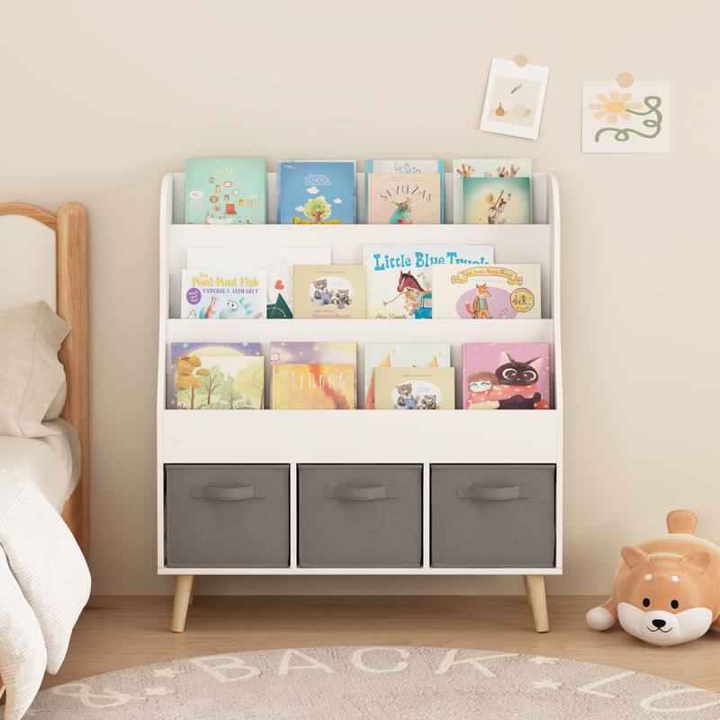 Anmytek 3 Tier Kids Bookcase with Toy Storage Drawers Slanted Display Shelves Pine Wood White for Nursery Playroom