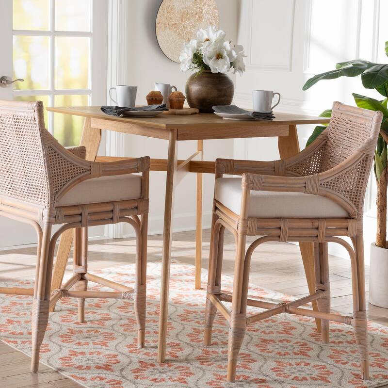 Allen Natural Rattan Counter Stool - Handwoven Wicker Stool with Lattice Back and Removable Cushion, Counter Height Seating