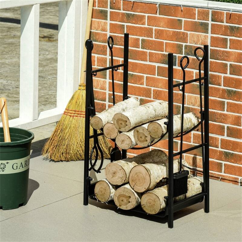 Black Steel Firewood Rack with Fireplace Tools and Off-Ground Design - 17.5" L x 11.5" W x 28.75" H