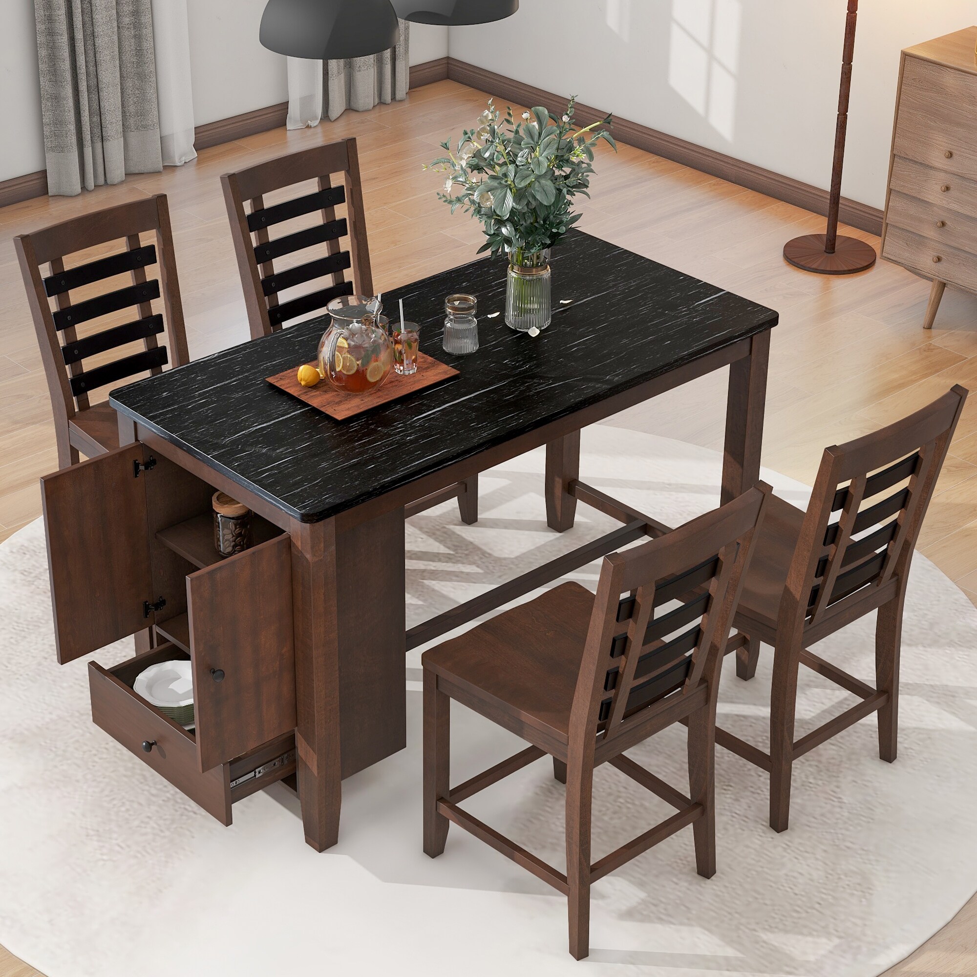 5 Piece Counter Height Faux Marble Dining Table w Storage Cabinet