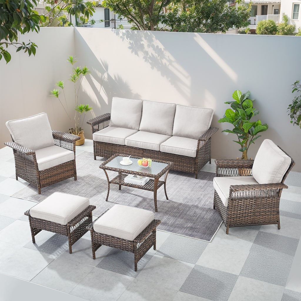 Gymojoy Outdoor 3-Seat Sofa, Club Chairs, Coffee Table and Ottomans